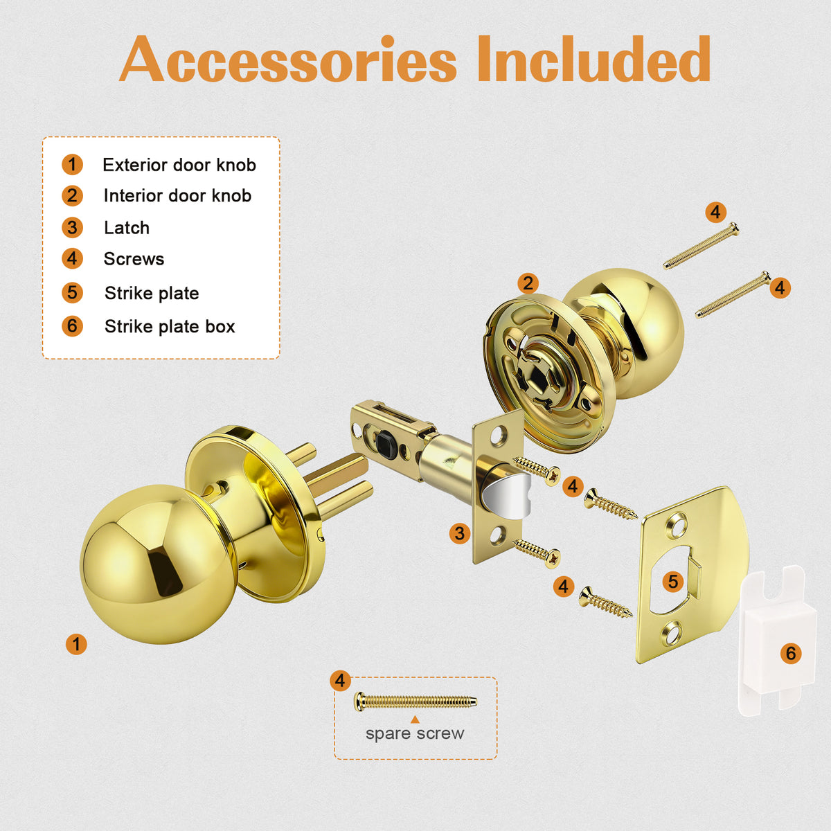 Probrico Round Polished Brass Passage Door Knobs Interior Door Handles for Hallway Closet, Keyless Passage Door Lock