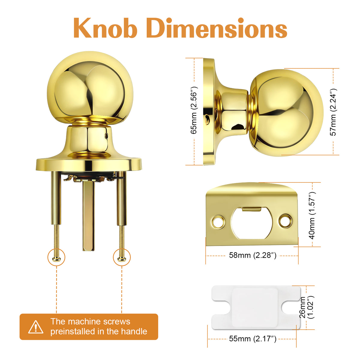 Probrico Round Polished Brass Passage Door Knobs Interior Door Handles for Hallway Closet, Keyless Passage Door Lock