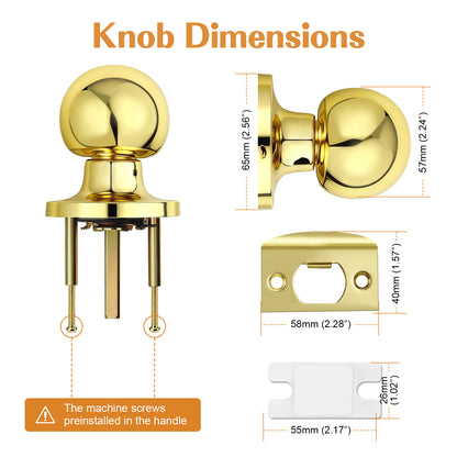 Probrico Round Polished Brass Passage Door Knobs Interior Door Handles for Hallway Closet, Keyless Passage Door Lock