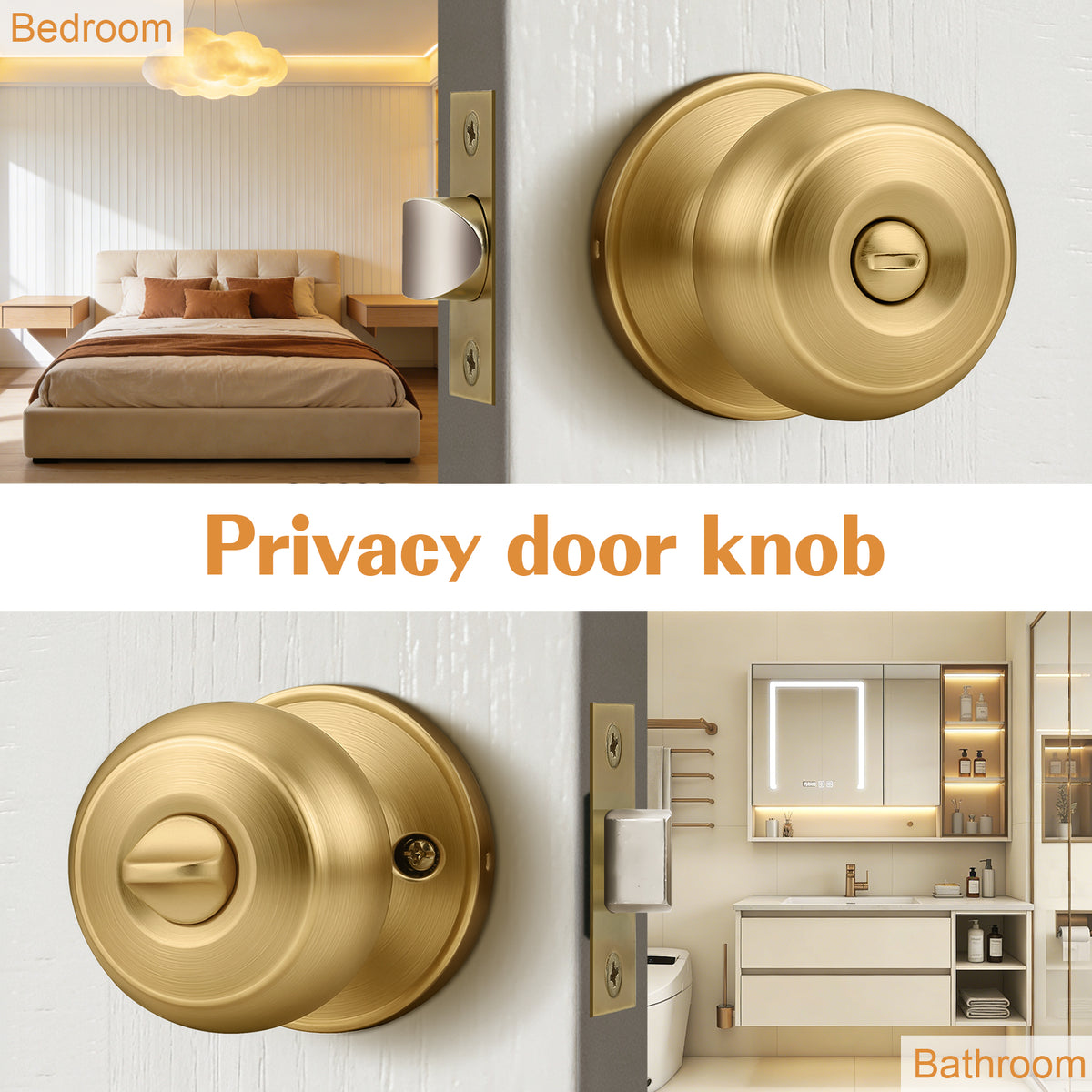 Probrico Champagne Bronze Door Knobs for Bedroom Bathroom, Interior Door Knob with Round Ball, Champagne Privacy Door Knob, 6 Pack