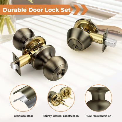 Probrico Entry Door Knob Set with Single Cylinder Deadbolt Combo Set, Antique Brass Front Door Handle Keyed Alike, Exterior Door Knobs with Lock and Keys