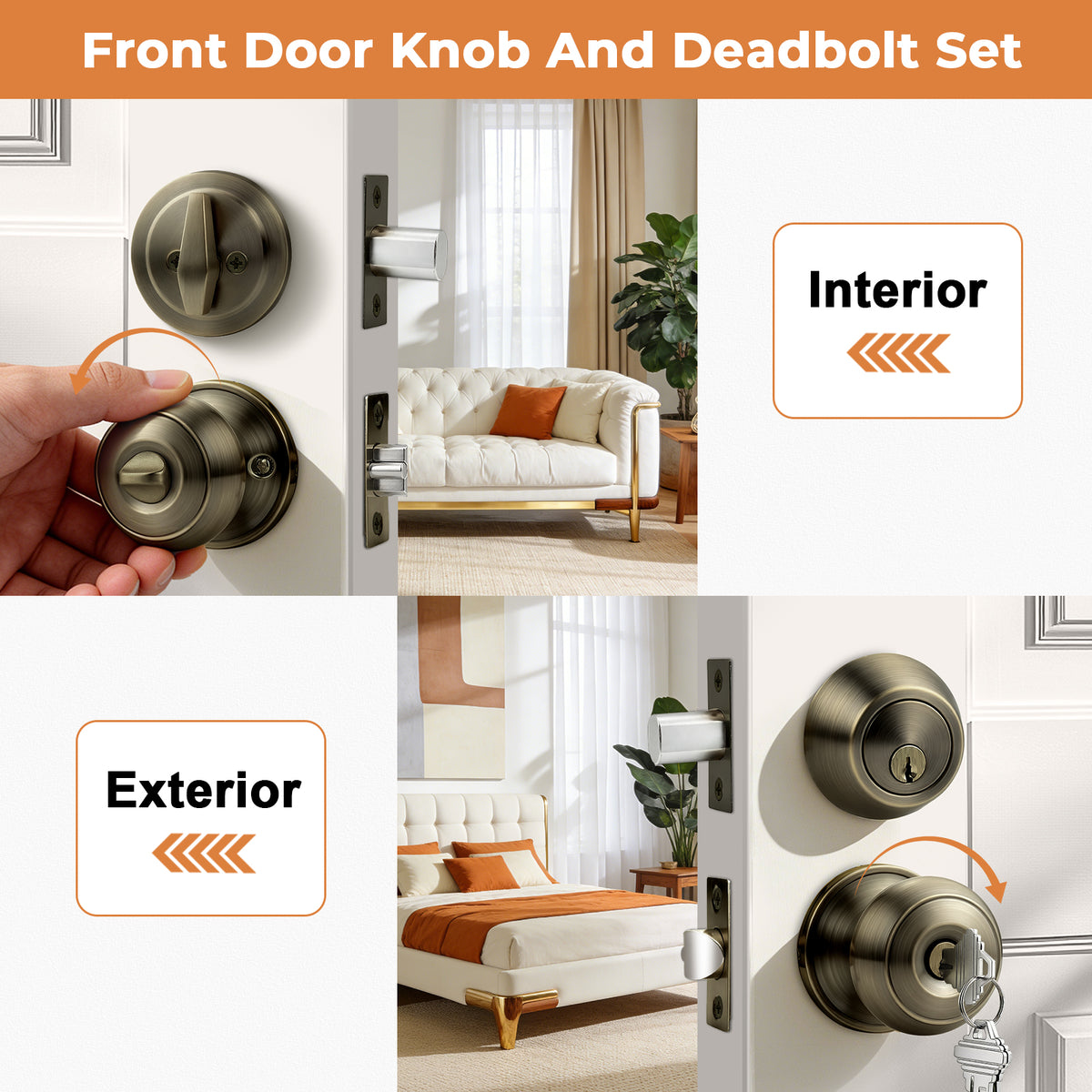 Probrico Entry Door Knob Set with Single Cylinder Deadbolt Combo Set, Antique Brass Front Door Handle Keyed Alike, Exterior Door Knobs with Lock and Keys