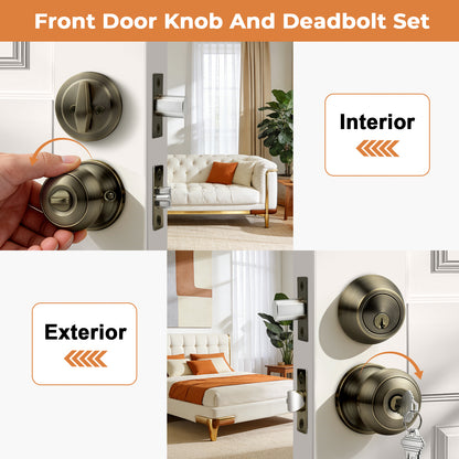 Probrico Entry Door Knob Set with Single Cylinder Deadbolt Combo Set, Antique Brass Front Door Handle Keyed Alike, Exterior Door Knobs with Lock and Keys