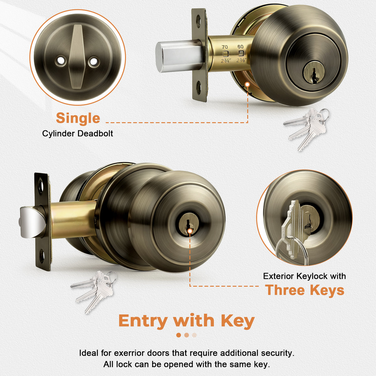Probrico Entry Door Knob Set with Single Cylinder Deadbolt Combo Set, Antique Brass Front Door Handle Keyed Alike, Exterior Door Knobs with Lock and Keys
