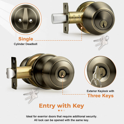 Probrico Entry Door Knob Set with Single Cylinder Deadbolt Combo Set, Antique Brass Front Door Handle Keyed Alike, Exterior Door Knobs with Lock and Keys