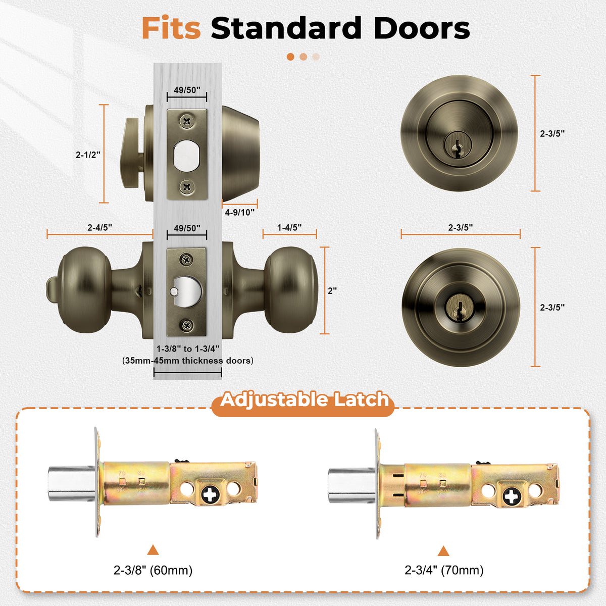 Probrico Entry Door Knob Set with Single Cylinder Deadbolt Combo Set, Antique Brass Front Door Handle Keyed Alike, Exterior Door Knobs with Lock and Keys