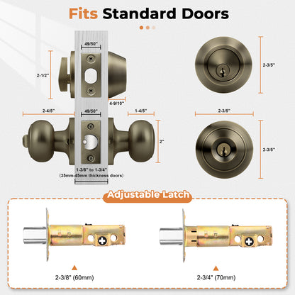 Probrico Entry Door Knob Set with Single Cylinder Deadbolt Combo Set, Antique Brass Front Door Handle Keyed Alike, Exterior Door Knobs with Lock and Keys