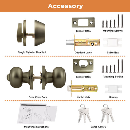 Probrico Entry Door Knob Set with Single Cylinder Deadbolt Combo Set, Antique Brass Front Door Handle Keyed Alike, Exterior Door Knobs with Lock and Keys