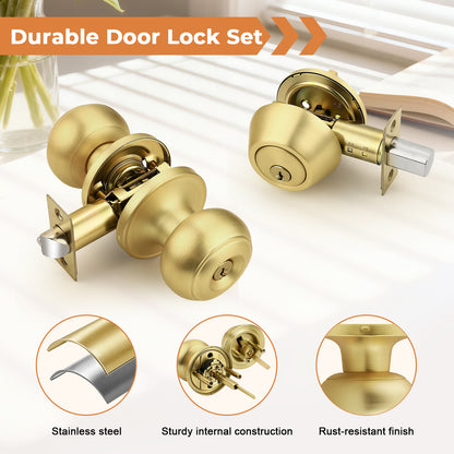 Probrico 1 Pack Entry Door Knob Set, Gold, Single Cylinder Deadbolt Front Door Handle, Keyed Alike, Exterior Door Knobs with Lock and Keys