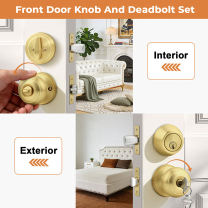 Probrico 1 Pack Entry Door Knob Set, Gold, Single Cylinder Deadbolt Front Door Handle, Keyed Alike, Exterior Door Knobs with Lock and Keys