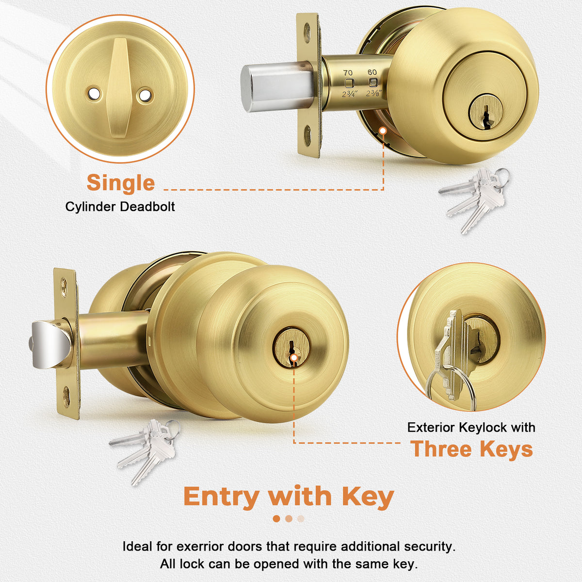 Probrico 1 Pack Entry Door Knob Set, Gold, Single Cylinder Deadbolt Front Door Handle, Keyed Alike, Exterior Door Knobs with Lock and Keys