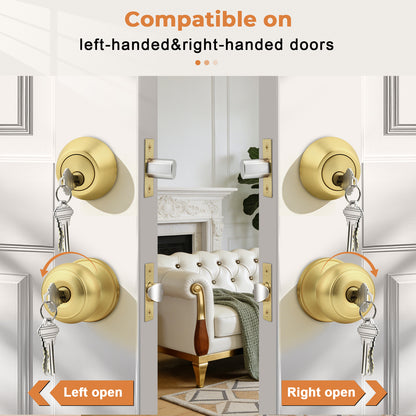 Probrico 1 Pack Entry Door Knob Set, Gold, Single Cylinder Deadbolt Front Door Handle, Keyed Alike, Exterior Door Knobs with Lock and Keys