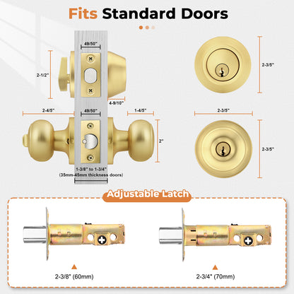 Probrico 1 Pack Entry Door Knob Set, Gold, Single Cylinder Deadbolt Front Door Handle, Keyed Alike, Exterior Door Knobs with Lock and Keys