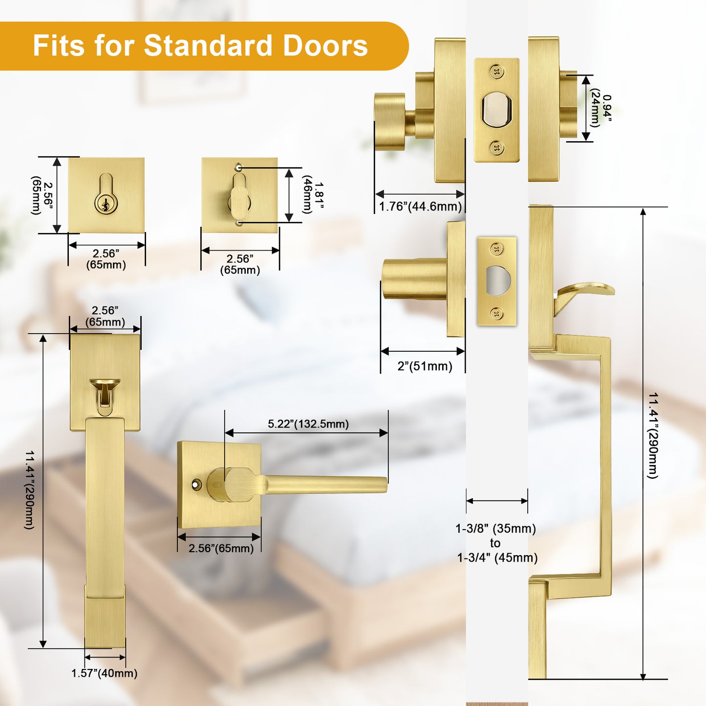 Probrico Front Door Handle / Handle Set with Deadbolt, Black, Gold, Brushed Nickel, Bronze
