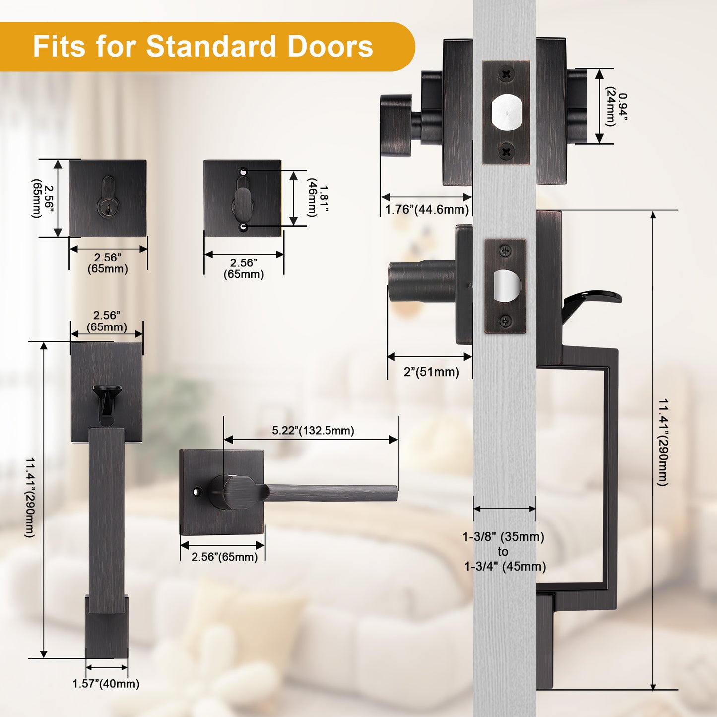 Probrico Front Door Handle / Handle Set with Deadbolt, Black, Gold, Brushed Nickel, Bronze