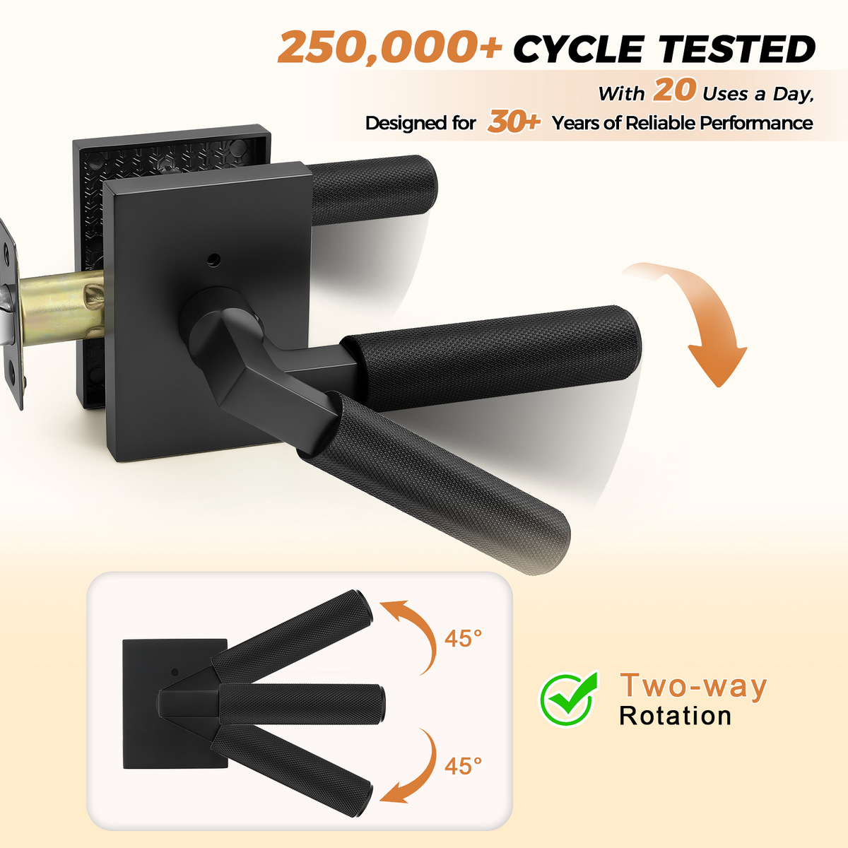 Heavy Duty Privacy Door Handles With Knurled Matte Black Finish, DL38406BKBK