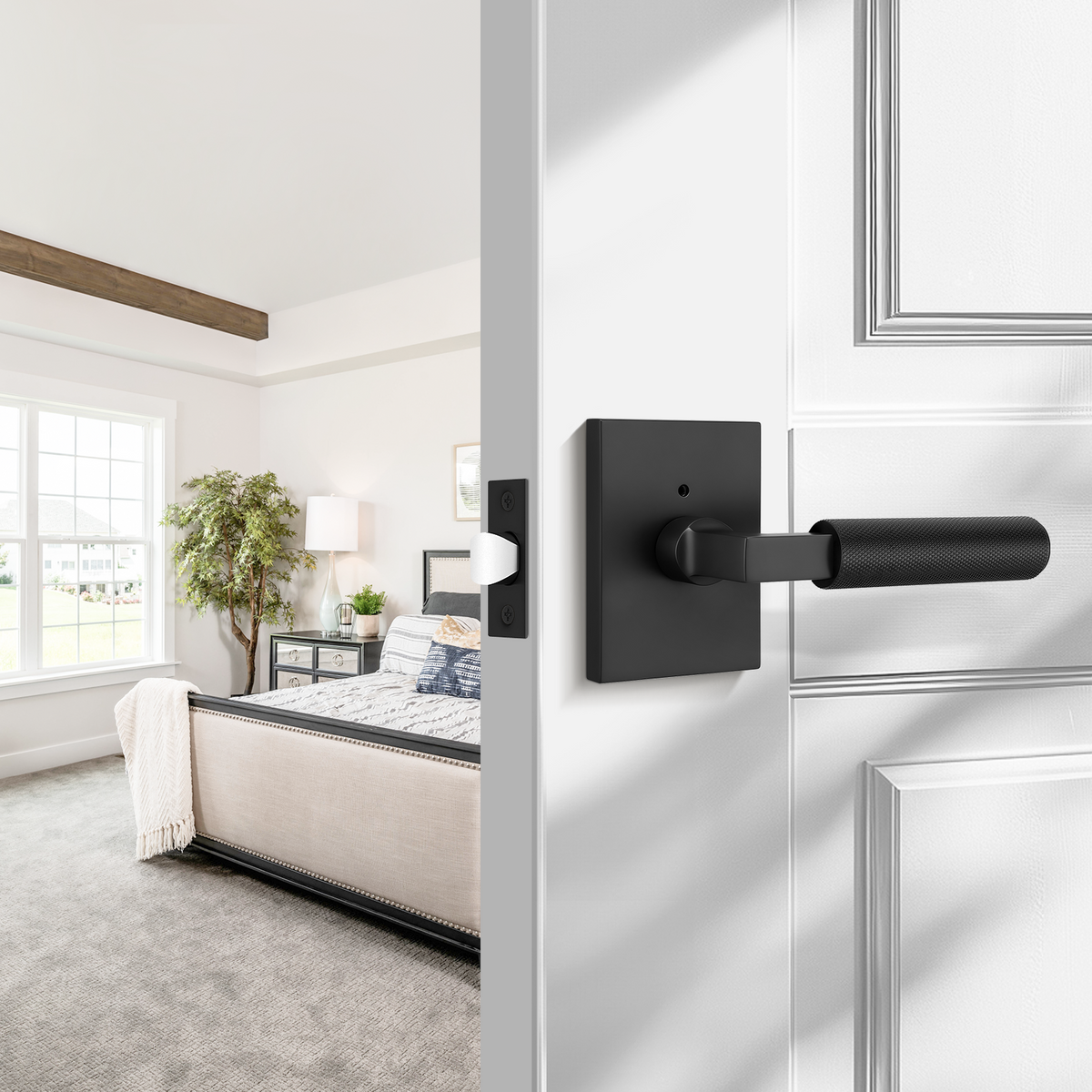 Heavy Duty Privacy Door Handles With Knurled Matte Black Finish, DL38406BKBK
