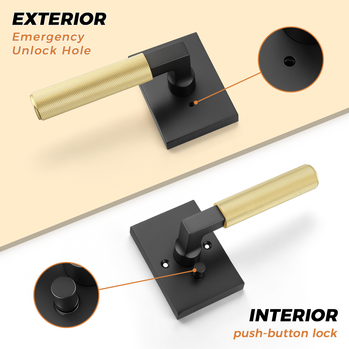 Probrico Brushed Gold Door Handles with Black Lever, Knurled Privacy Door Handle with Push Button Lock for Bedroom or Bathroom, Modern Interior Door Handle, Heavy Duty Keyless Privacy Lever