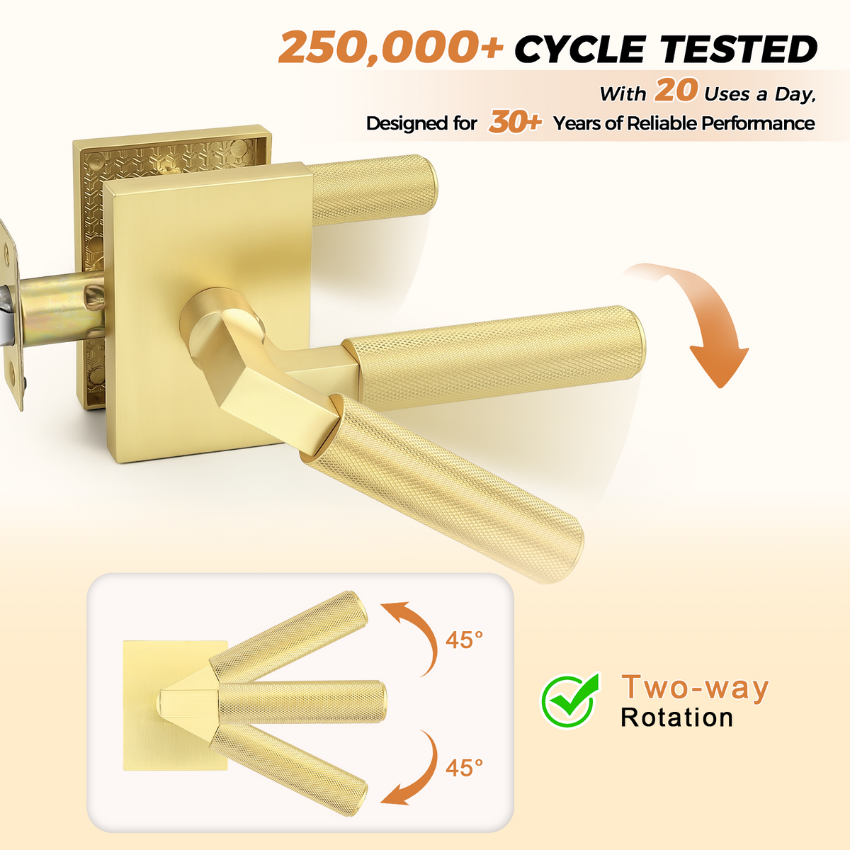 Probrico Gold Door Handle, Knurled Passage Door Handles for Hallway and Closet, Brushed Brass Door Handles Interior, Keyless Modern Door Lever for Left Right Handed, Smooth Turn Action