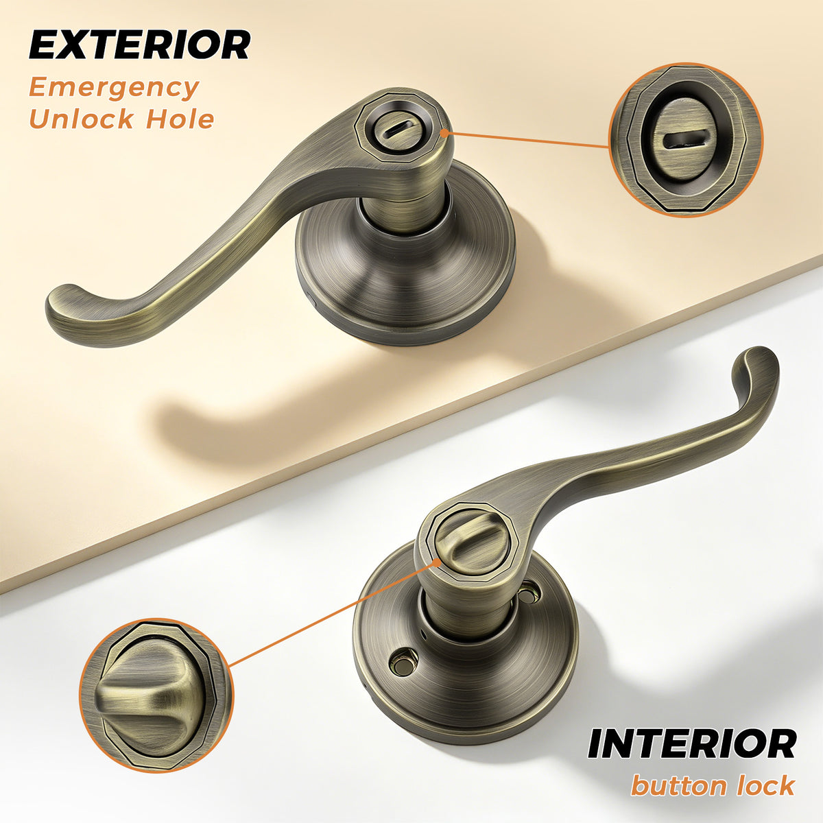Probrico Scroll Privacy Door Lever, Antique Bronze Interior Door Handle, Reversible for Left/Right Handed Door, Easy Install for Bedroom & Bathroom,Heavy Duty Door Handle, Keyless with Turn Lock