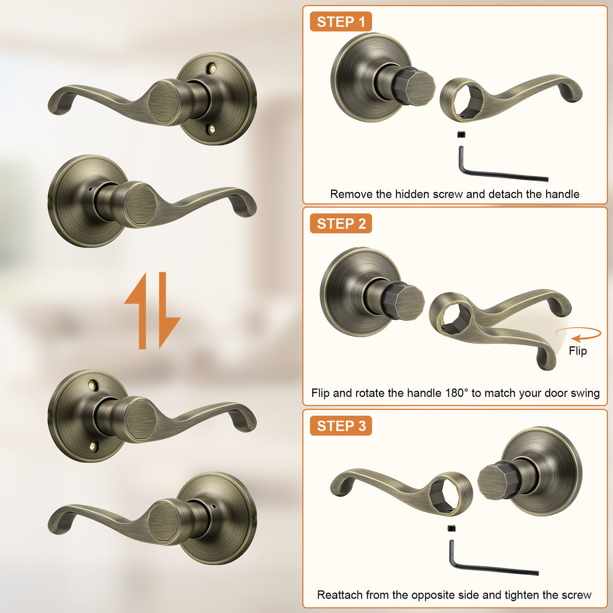 Probrico 2026 New Scroll Passage Door Lever, Antique Bronze Interior Door Handle, Easy Install for Hallway & Closet Door, No Lock Passage Design,Reversible for Left/Right Handed Door, Heavy Duty