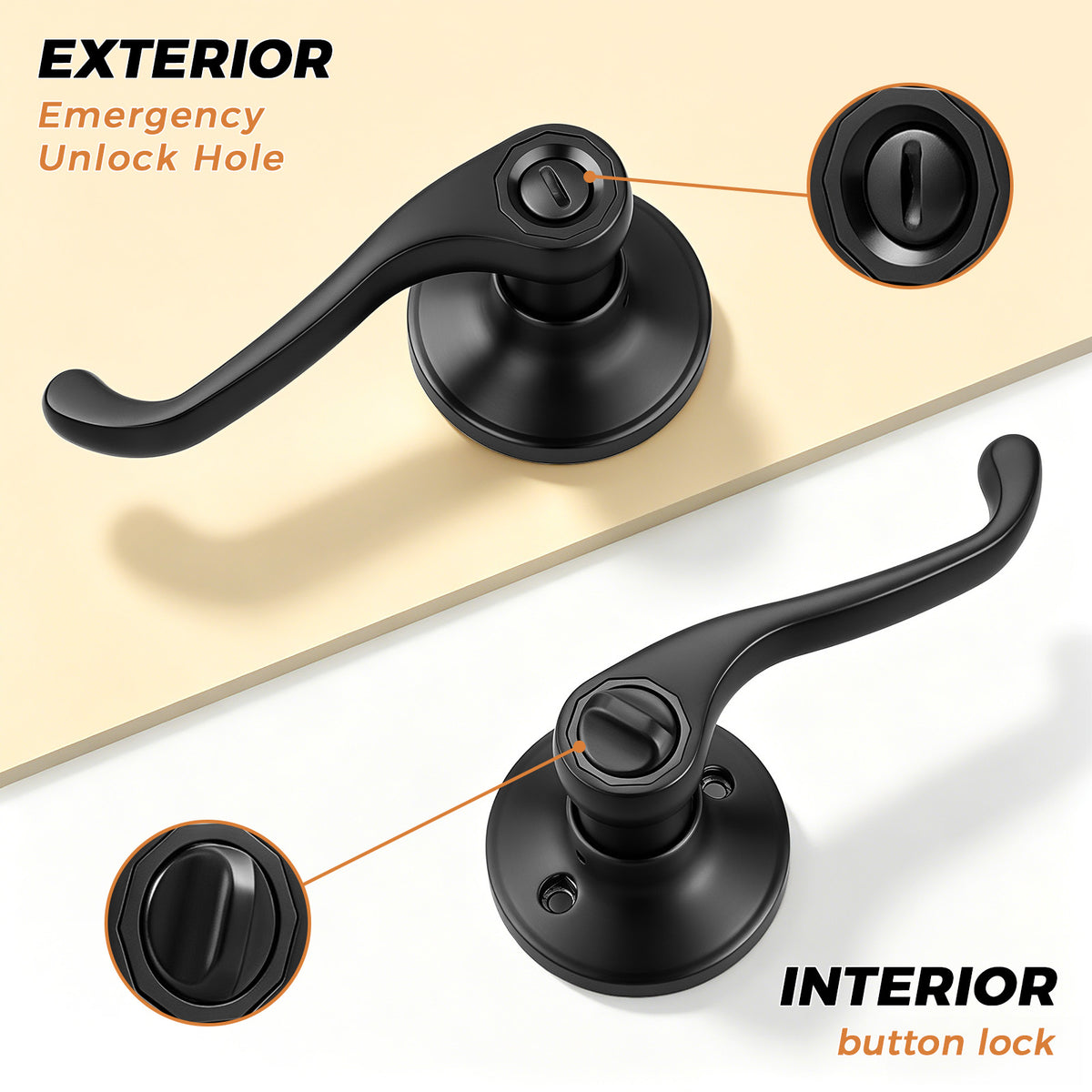 Probrico Scroll Privacy Door Lever, Matte Black Interior Door Handle, Reversible for Left/Right Handed Door, Easy Install for Bedroom & Bathroom,Heavy Duty Door Handle,Keyless with Turn Lock, 2026 New