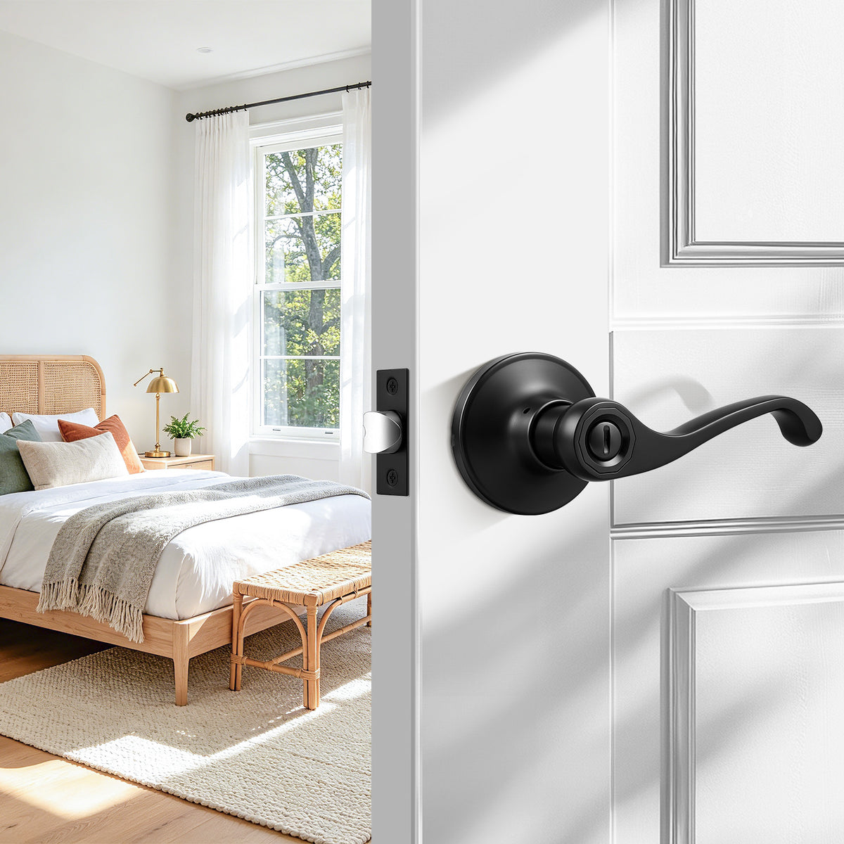 Probrico Scroll Privacy Door Lever, Matte Black Interior Door Handle, Reversible for Left/Right Handed Door, Easy Install for Bedroom & Bathroom,Heavy Duty Door Handle,Keyless with Turn Lock, 2026 New