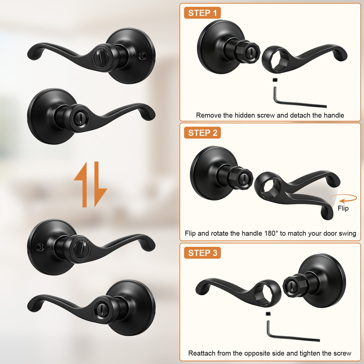 Probrico Scroll Privacy Door Lever, Matte Black Interior Door Handle, Reversible for Left/Right Handed Door, Easy Install for Bedroom & Bathroom,Heavy Duty Door Handle,Keyless with Turn Lock, 2026 New