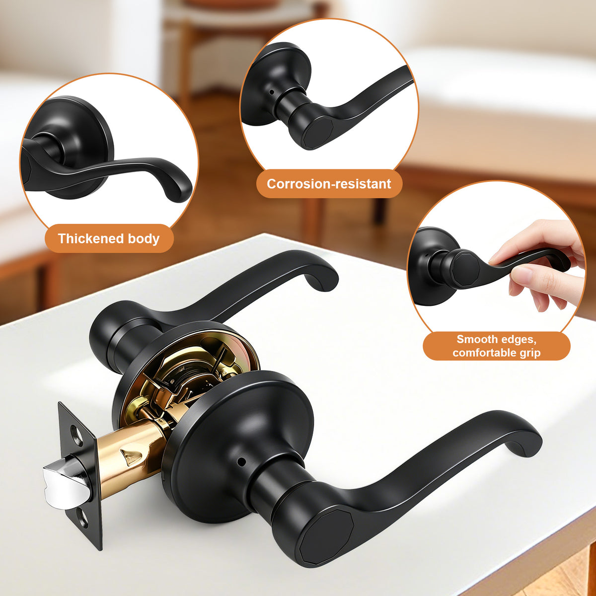 Probrico 2026 New Scroll Passage Door Lever, Matte Black Interior Door Handle, Easy Install for Hallway & Closet Door, No Lock Passage Design,Reversible for Left/Right Handed Door, Heavy Duty