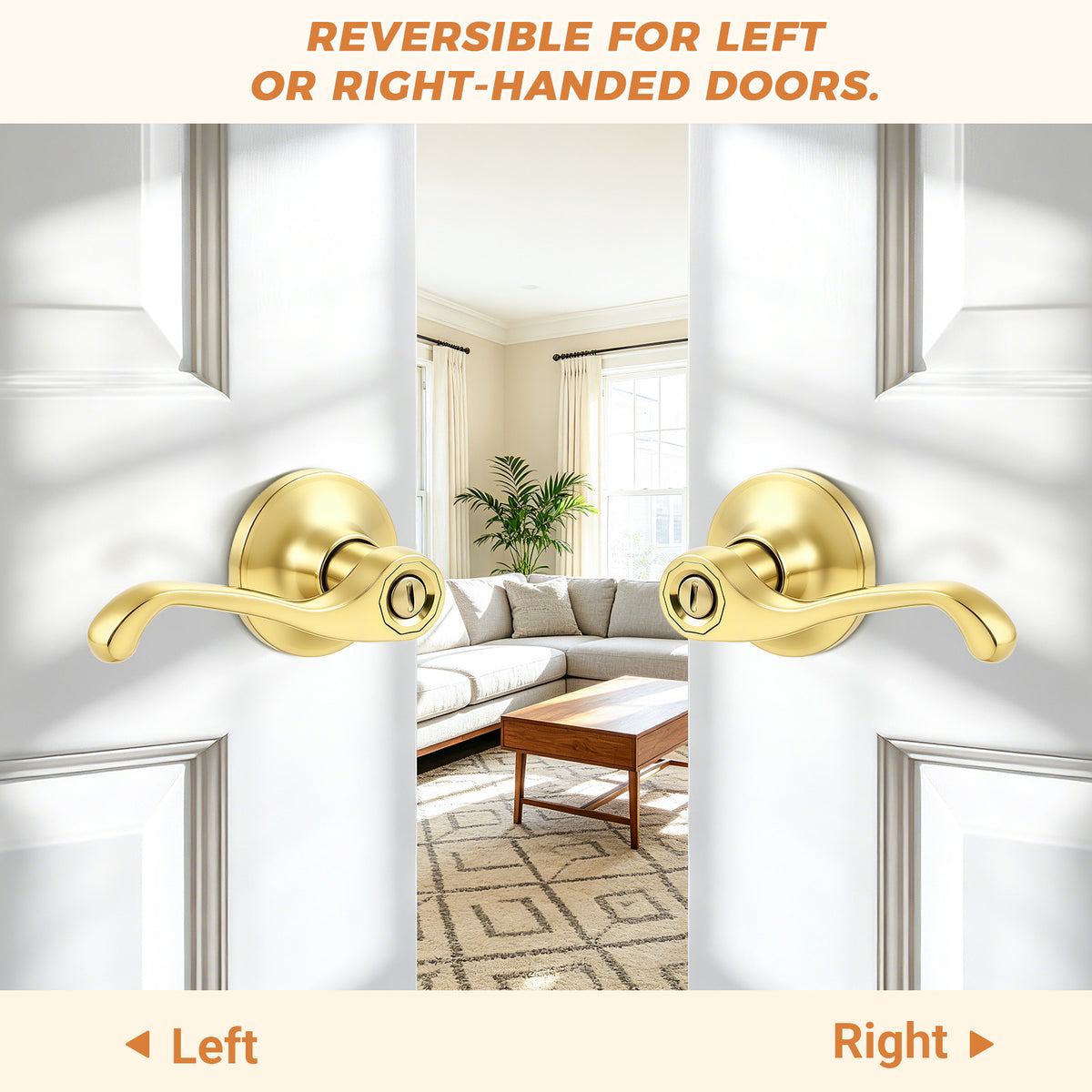 Probrico Scroll Privacy Door Lever, Gold Door Handle Interior, Reversible for Left/Right Handed Door, Polished Brass Door Handle for Bedroom & Bathroom, Keyless with Lock, 2026 NEW