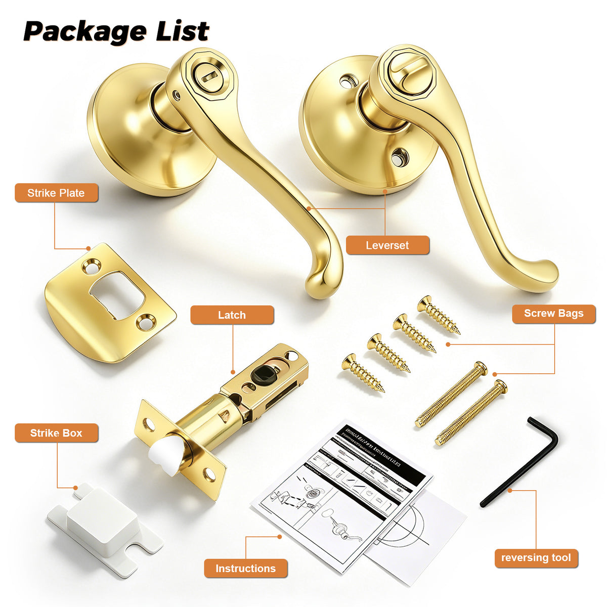Probrico Scroll Privacy Door Lever, Gold Door Handle Interior, Reversible for Left/Right Handed Door, Polished Brass Door Handle for Bedroom & Bathroom, Keyless with Lock, 2026 NEW