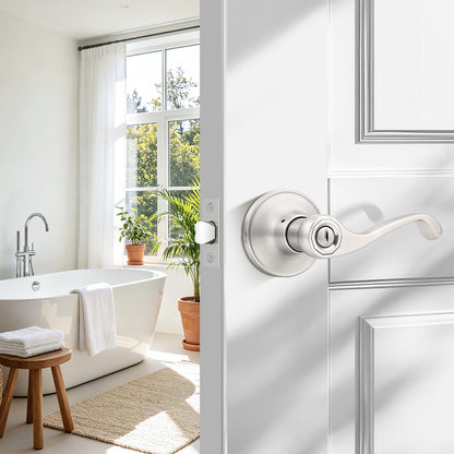 Probrico Scroll Privacy Door Lever, Satin Nickel Interior Door Handle, Reversible for Left/Right Handed Door, Easy Install for Bedroom & Bathroom,Heavy Duty Door Handle, Keyless with Lock, 2026 New