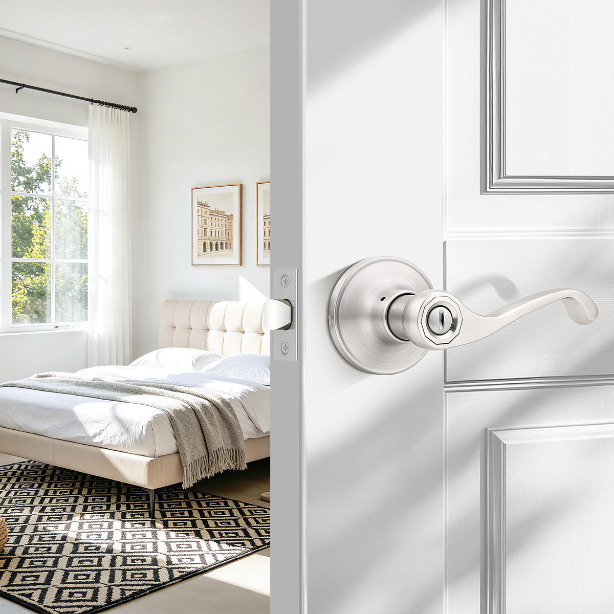 Probrico Scroll Privacy Door Lever, Satin Nickel Interior Door Handle, Reversible for Left/Right Handed Door, Easy Install for Bedroom & Bathroom,Heavy Duty Door Handle, Keyless with Lock, 2026 New