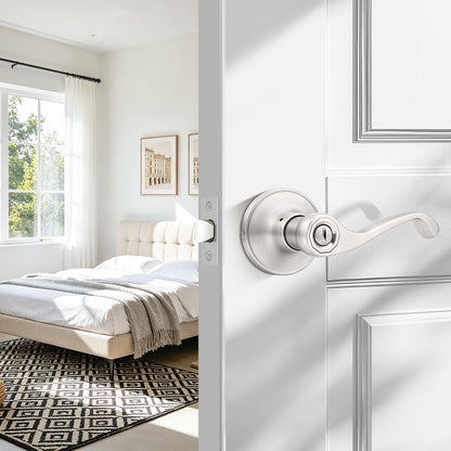 Probrico Scroll Privacy Door Lever, Satin Nickel Interior Door Handle, Reversible for Left/Right Handed Door, Easy Install for Bedroom & Bathroom,Heavy Duty Door Handle, Keyless with Lock, 2026 New
