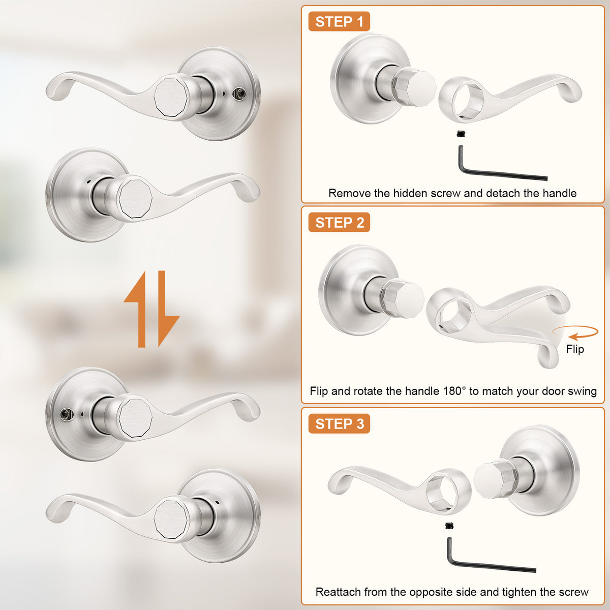 Probrico 2026 New Scroll Passage Door Lever, Satin Nickel Interior Door Handle, Easy Install for Hallway & Closet Door, No Lock Passage Design,Reversible for Left/Right Handed Door, Heavy Duty