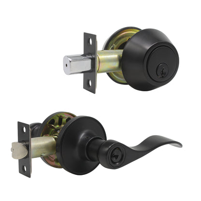 Wave Style Door Lever Lock with Double Cylinder Deadbolt Combo Packs Black Finish - Keyed Alike DL12061ET-102BK - Probrico