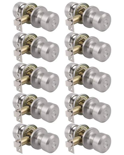 Probrico Satin Nickel Closet Hallway Passage Door Knob with Universal Latch 10 Packs - Probrico