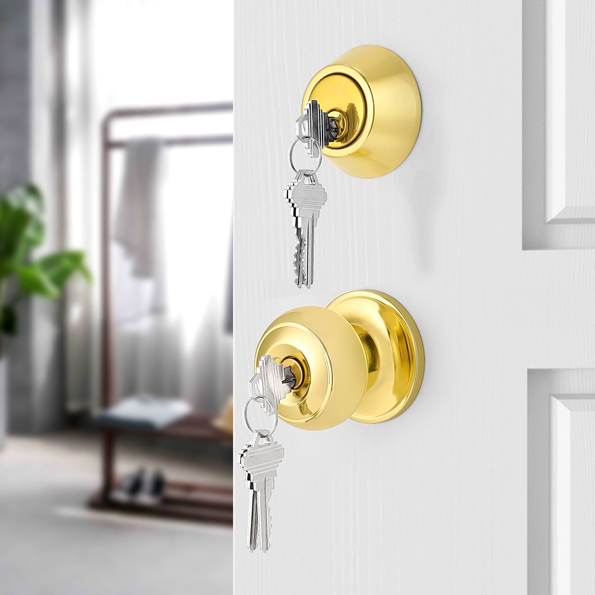 Keyed Alike Entry Door Lock Knob with Single Cylinder Deadbolt, Polished Brass Finish - DL609ET-101PB - Probrico