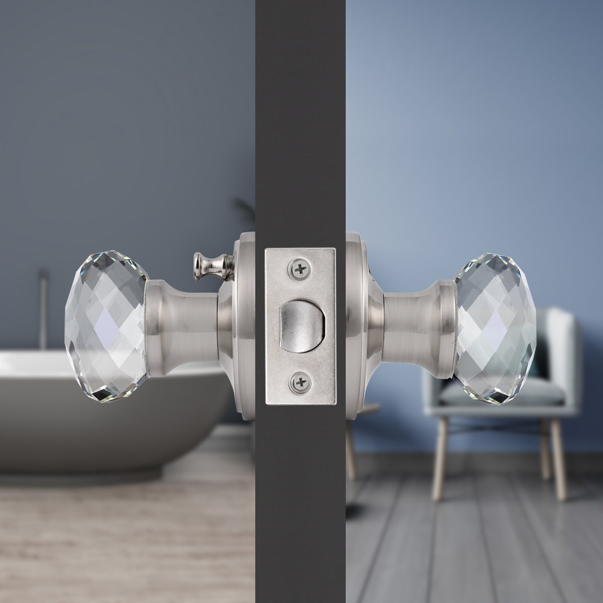 Diamond Crystal Glass Door Knobs with Satin Nickel Round Rosette, Privacy Door Lock DLC10SNBK - Probrico
