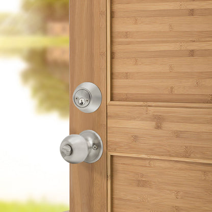Round Ball Door Knob Lock with Double Cylinder Deadbolt Entry Keyed Lockset Satin Nickel Finish- Keyed Alike DL607ET-102SN - Probrico