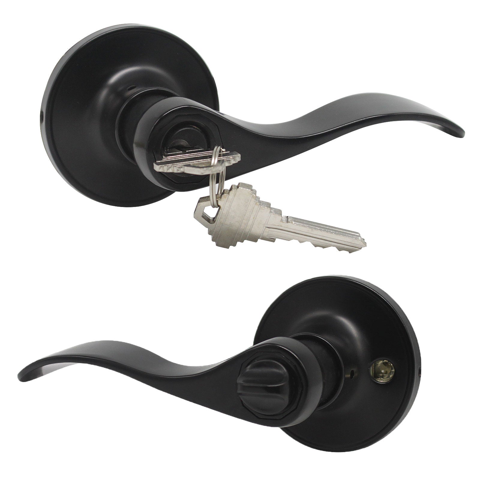 Keyed Entry Door Lever, Black Door Lock, Wave Handle on Round Rose - Probrico