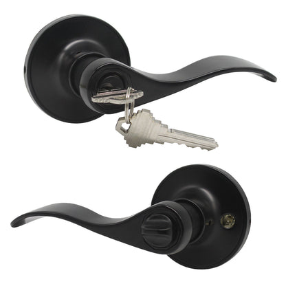 Keyed Entry Door Lever, Black Door Lock, Wave Handle on Round Rose - Probrico