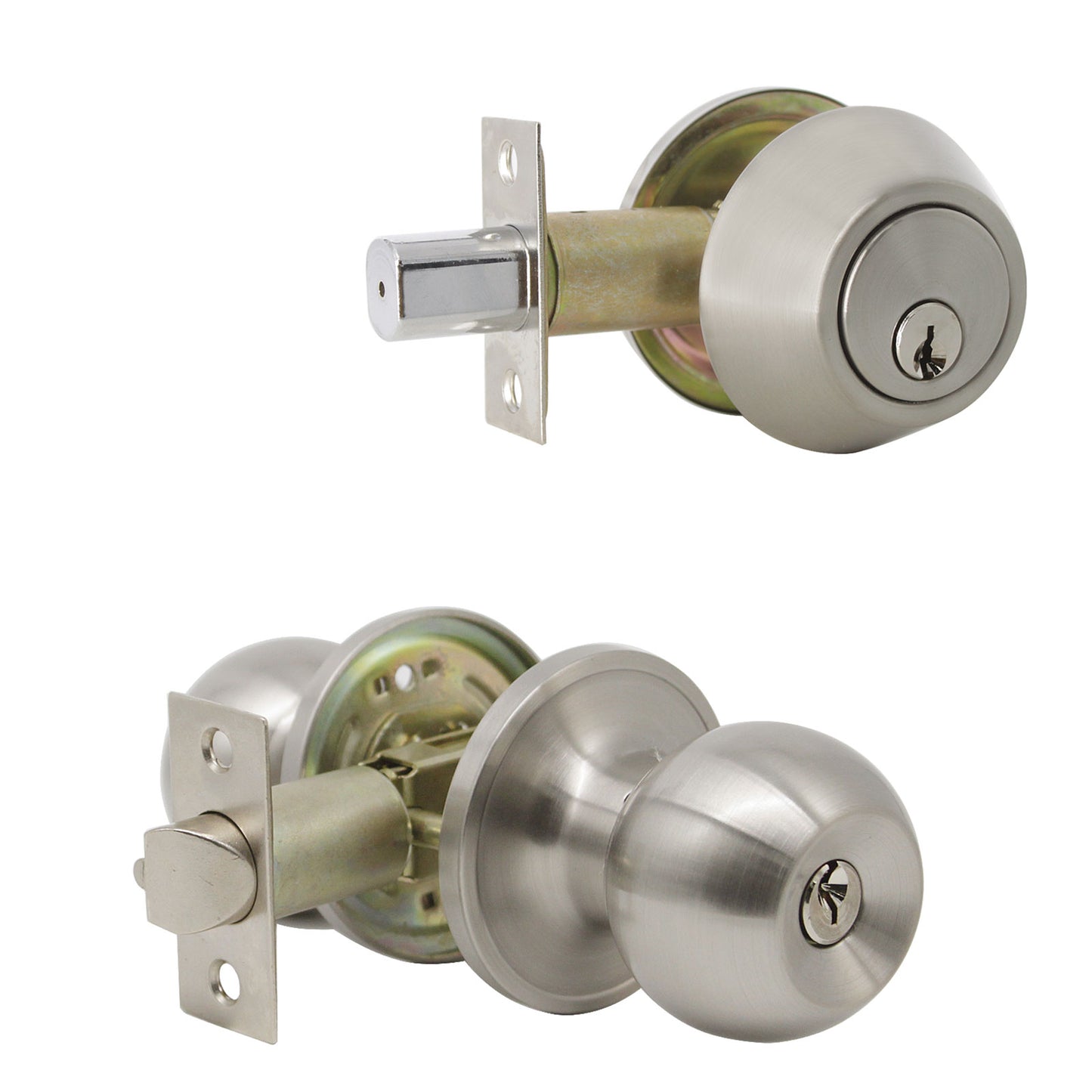 Round Ball Door Knob Lock with Double Cylinder Deadbolt Entry Keyed Lockset Satin Nickel Finish- Keyed Alike DL607ET-102SN - Probrico